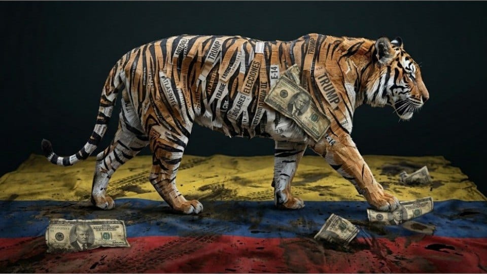 Ilustración de un tigre de papel sobre una bandera de Colombia embarrada. Metáfora sobre Abelardo de la Espriella: primera vuelta del Tigre, segunda vuelta del país, encuestas y maquinaria.