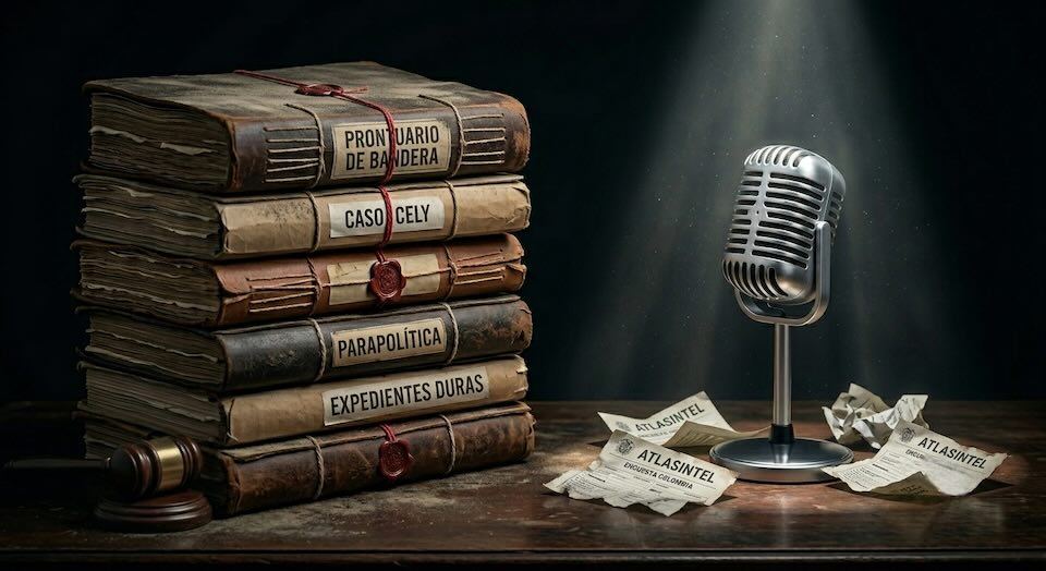 Escritorio oscuro con una pila pesada de expedientes judiciales sellados junto a un micrófono de radio vacío y encuestas de AtlasIntel arrugadas. Contraste entre el historial penal y el espectáculo mediático en la política colombiana.