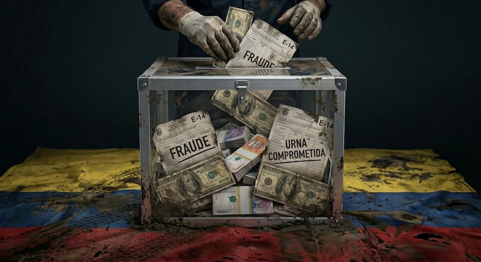Urna electoral transparente manchada de barro con fajos de dinero, dólares y formularios E-14 alterados. Ilustración conceptual sobre el clientelismo, el fraude estructural y la corrupción en las elecciones de Colombia.